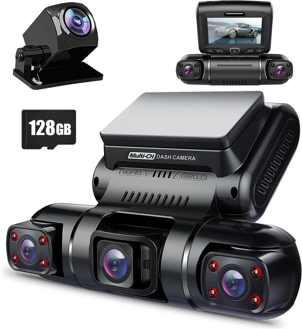 PRUVEEO 360-degree view car dash cam, built-in GPS WiFi night vision, 24/7 all-weather recording parking mode monitor, free 128G card