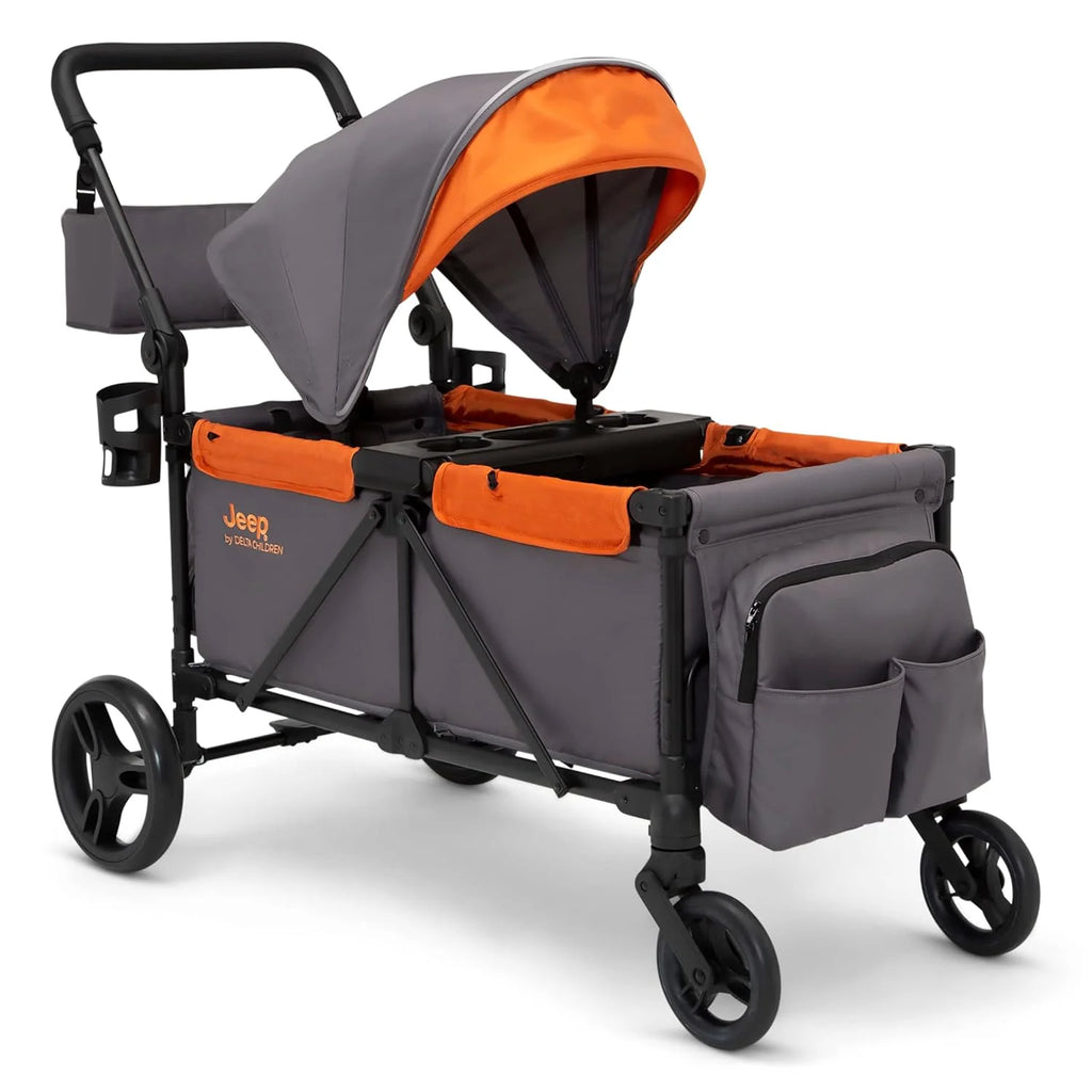 Jeep Sport All-Terrain Stroller Wagon by Delta Children - Includes Canopy, Parent Organizer, Adjustable Handlebar, Snack Tray & Cup Holders, Grey/Olive Green