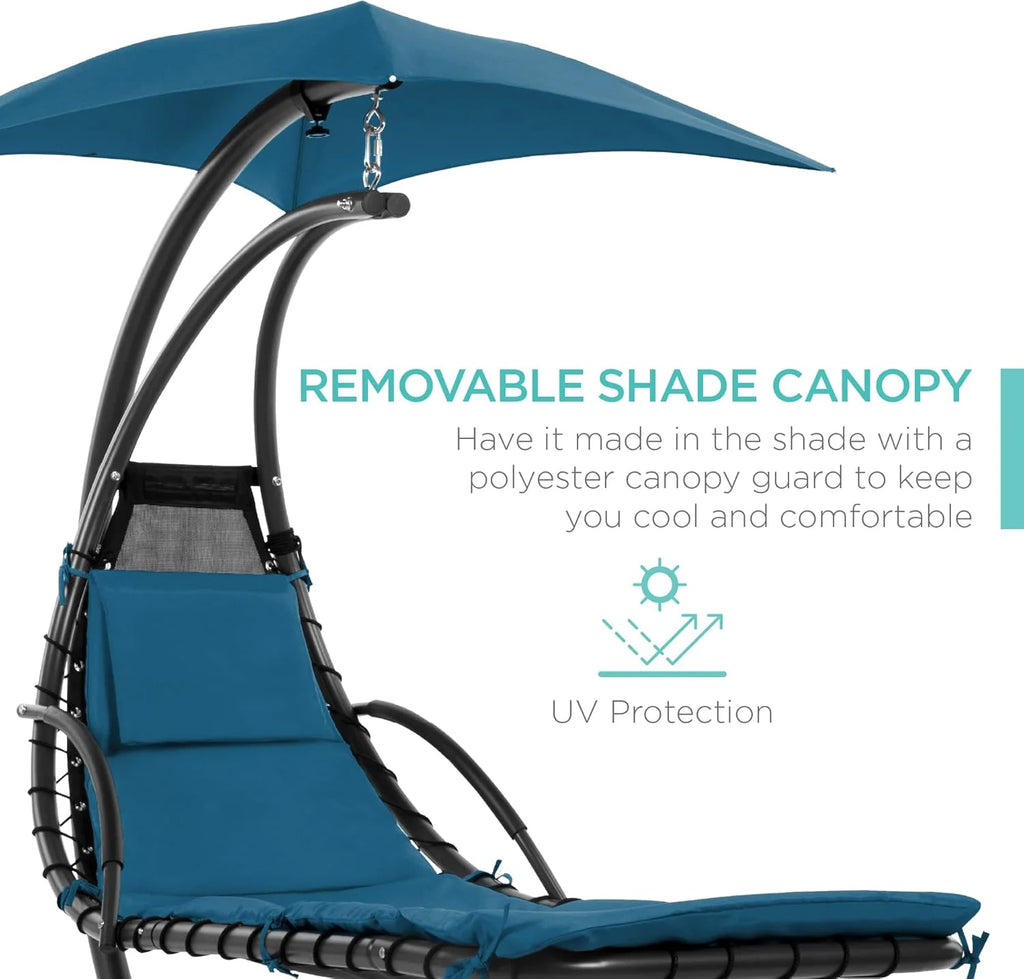 Best Choice Products Outdoor Hanging Curved Steel Chaise Lounge Chair Swing w/Built-in Pillow and Removable Canopy - Charcoal Gray