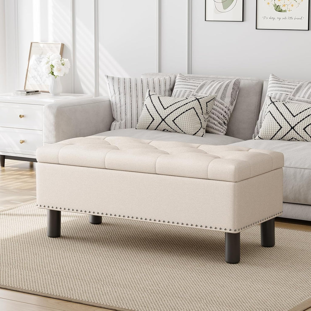 Furniliving Modern Storage Ottoman Bench, Sherpa Ottoman End of Bed Bench with Solid Wood Legs Upholstered Ottoman Benches with Storage Indoor Bench