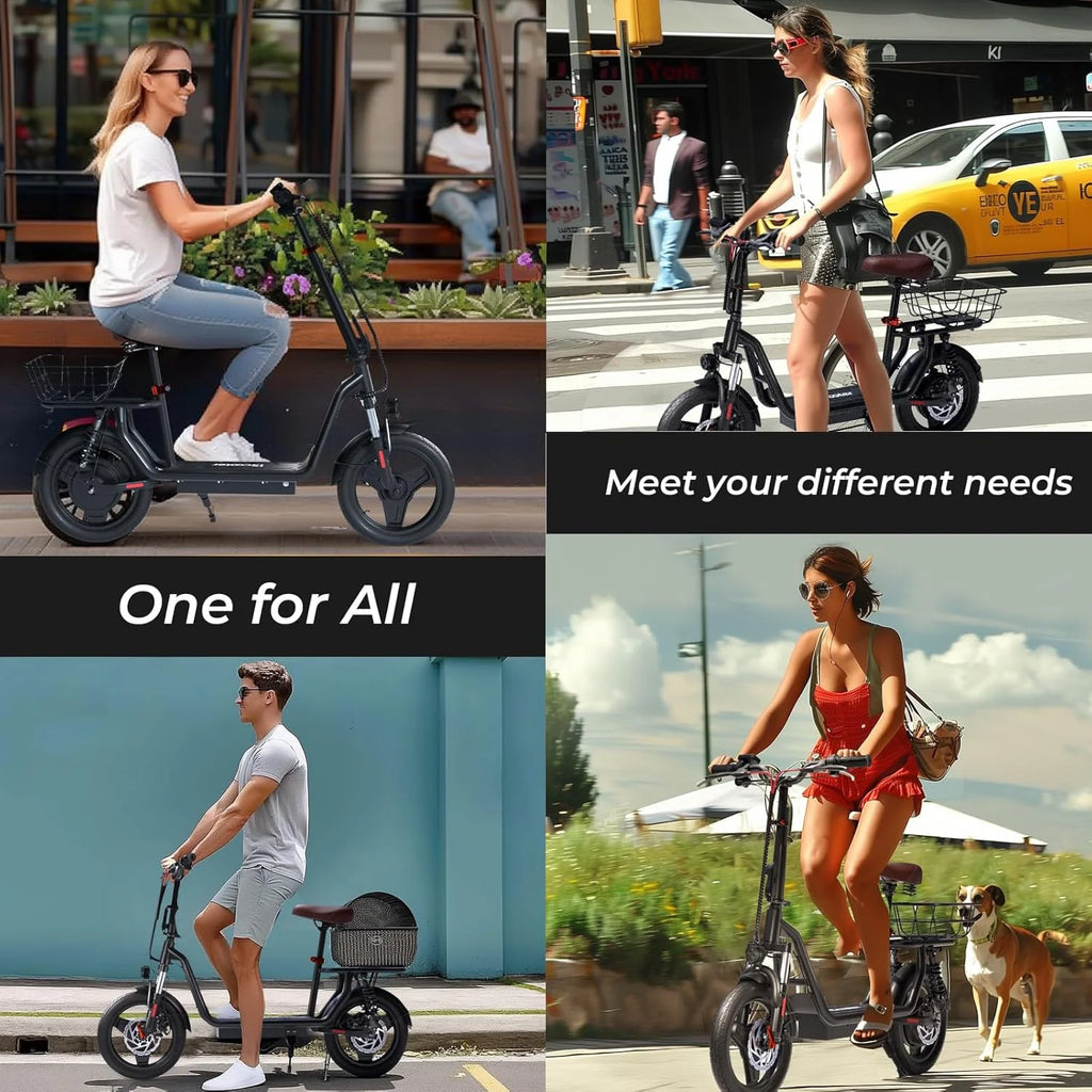 iScooter electric scooter with seat, 37/21 mile range, 28/19/15.6 mph top speed, dual suspension scooter with basket