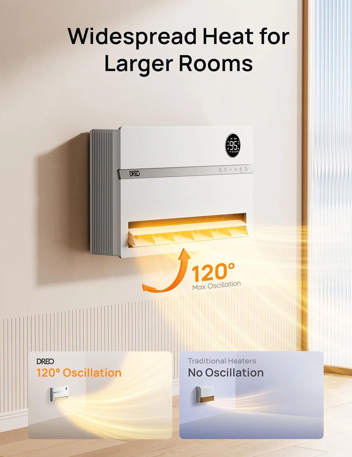 Smart wall mounted heater, bedroom electric heater, 1500W adjustable thermostat 24-hour timer easy to install indoor heater