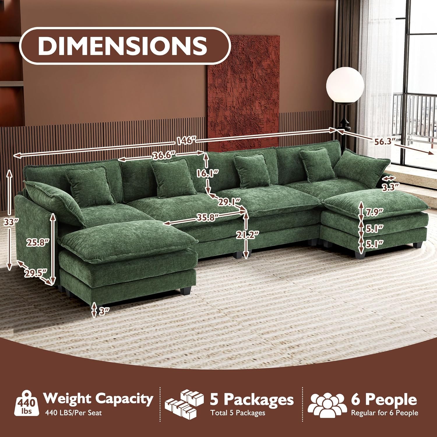 ihanherry 146-inch U-shaped modern sofa modular area cloud sofa