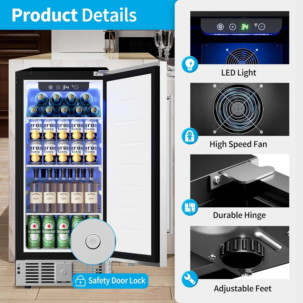Beverage Refrigerator Cooler - 126 Can Mini Fridge Glass Door for Drinks Soda Beer Wine - Small Refrigerator for Office Bedroom Home Bar, 4 Adjustable Shelves, 3.2 Cu.Ft, Silver