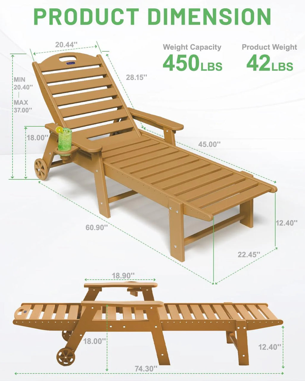Lounge Chair Outdoor, Chaise Lounge, HDPE 6-Position Outdoor Chaise Lounge, Patio Lounge Chair with Wheels & Cup Holder for Pool Poolside Deck Backyard, Teak