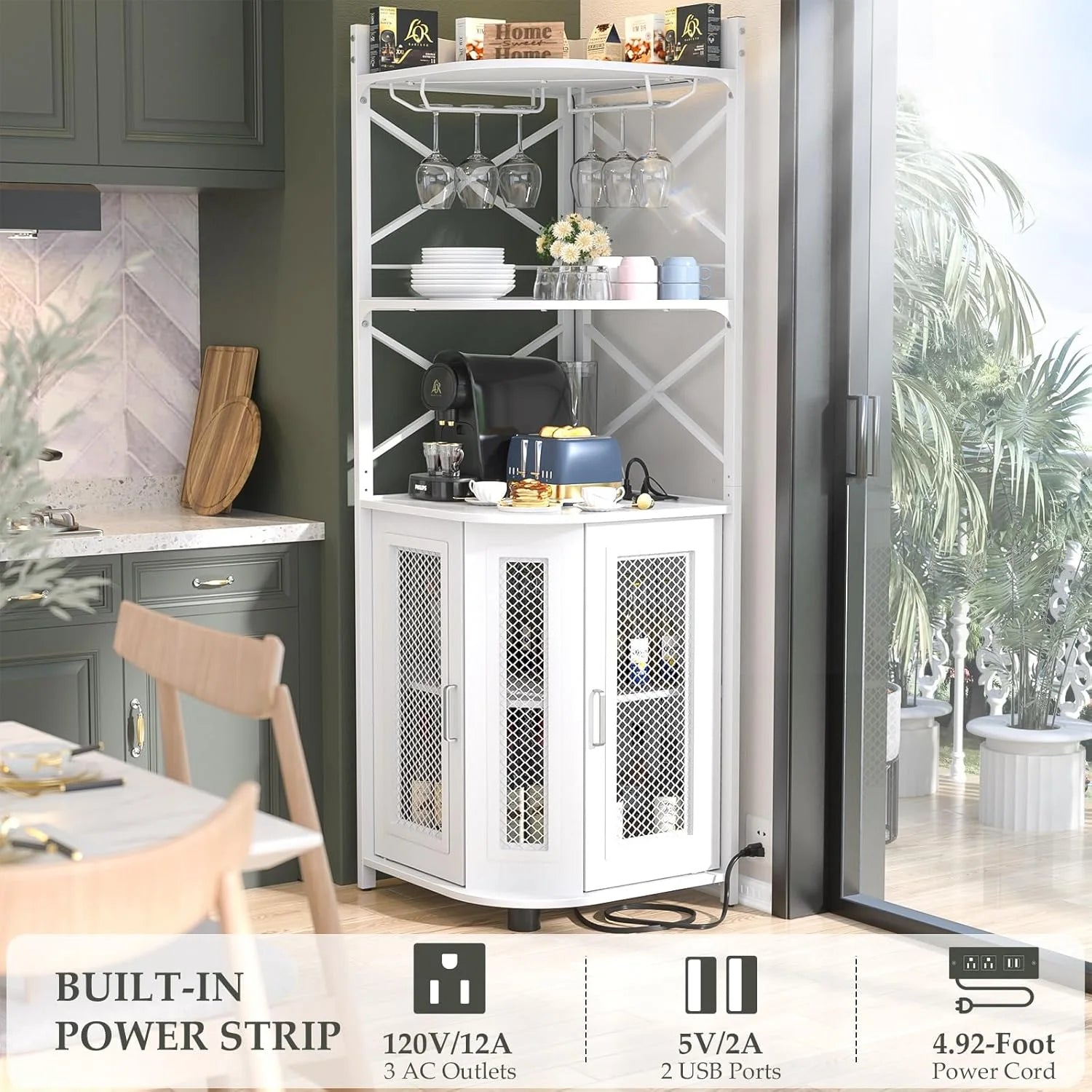 Corner bar cabinet with power socket, industrial style wine cabinet with LED light strip and glass rack, home five-layer wine cabinet bar unit, small space corner display cabinet