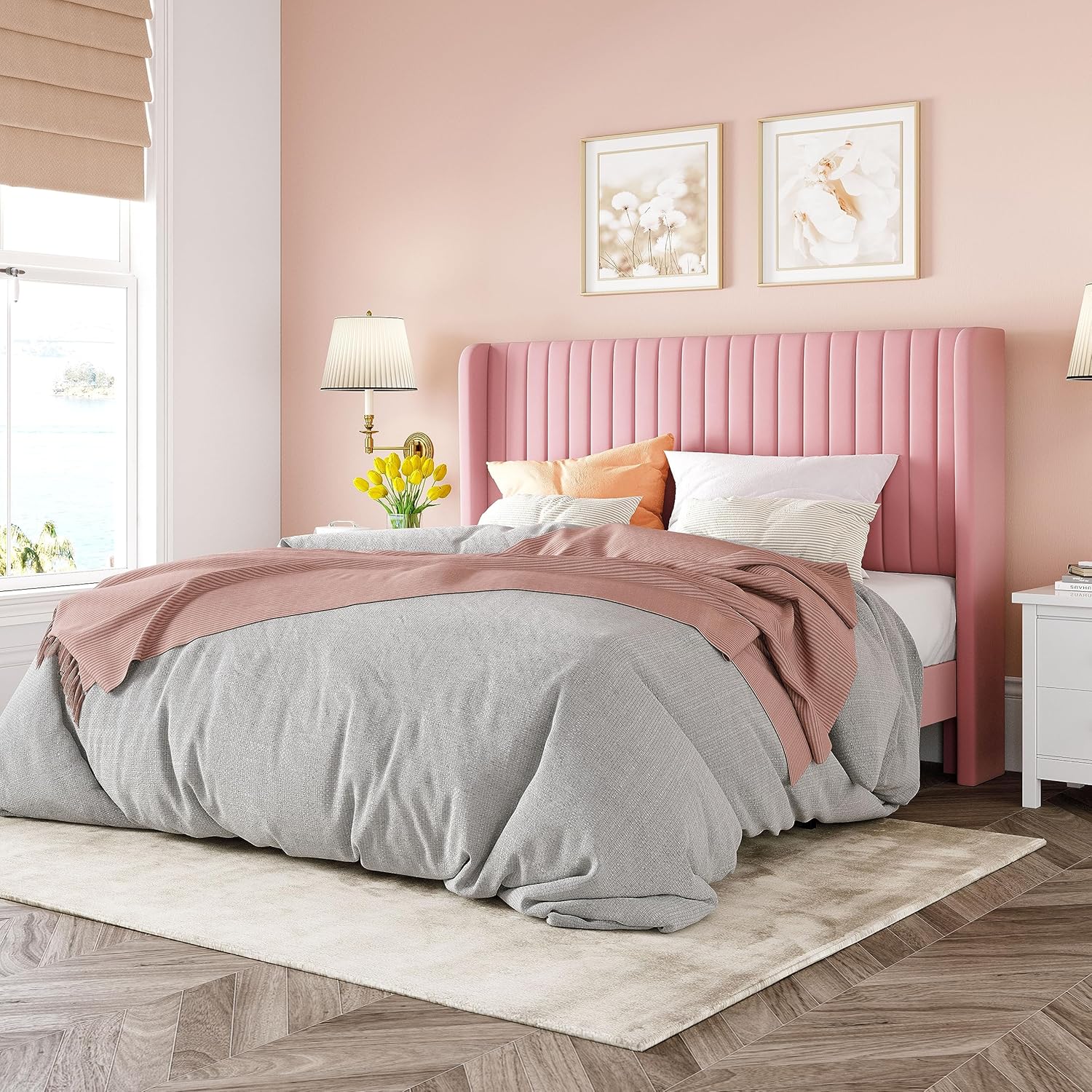 Allewie Full Size Velvet Bed Frame Vertical Channel Tufted Wingback Headboard Upholstered Bed