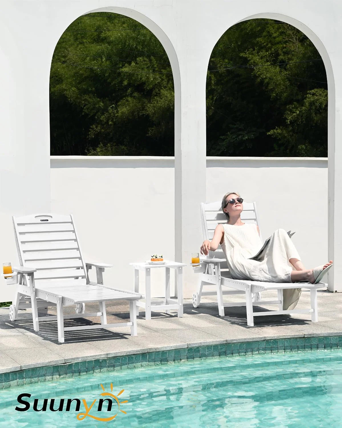 Lounge Chair Outdoor, Chaise Lounge, HDPE 6-Position Outdoor Chaise Lounge, Patio Lounge Chair with Wheels & Cup Holder for Pool Poolside Deck Backyard, Teak