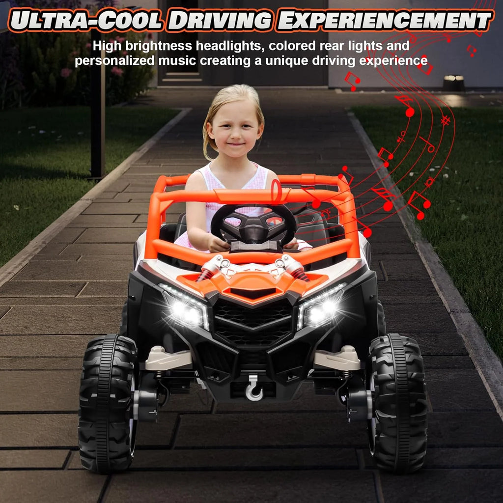 JOYRACER Kids Remote Control Car with 4 x 150W Motors, Shock Absorbers, Bluetooth, MP3 Player, and Headlights
