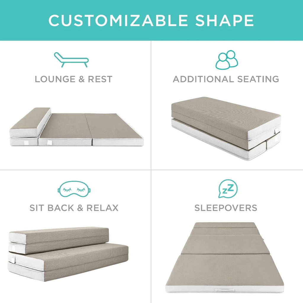 4in Portable Queen-Size Mattress, Tri-Fold Mattress for Camping, Guest, Toddler