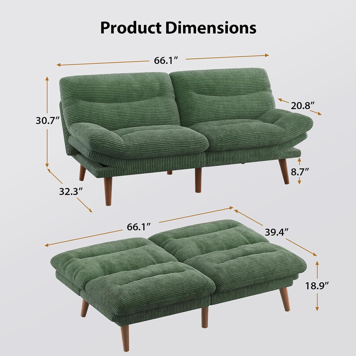 Convertible Futon Sofa Bed, 66 Inch Corduroy Futon Sofa Recliner Sofa Bed for Small Spaces, Playrooms or Offices