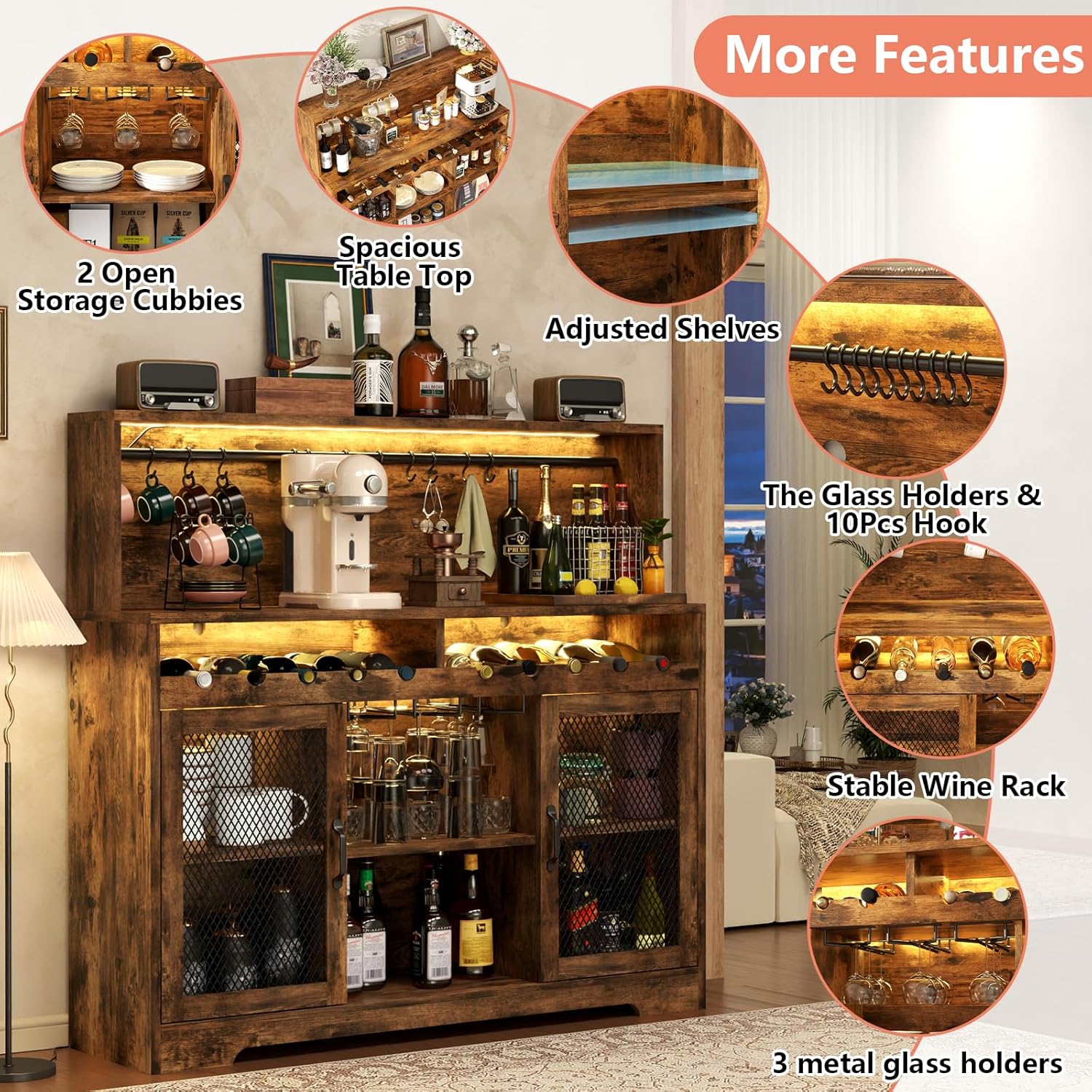 Wine Bar Cabinet with LED Light, Liquor Cabinet with Glass Holder, Coffee Bar for Liquor, Storage Buffet with Wine Racks, Wine Cabinet