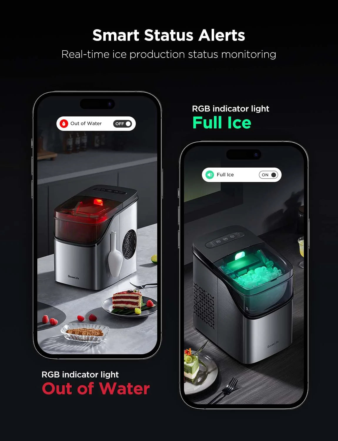 GoveeLife Smart Ice Maker Countertop, Portable Ice Machine with Voice Control, 9 Ice Cubes in 6 Minutes 3 Sizes, 26lbs/24Hrs, Self Cleaning RGB Lights, Quiet Ice Maker with Scoop for Kitchen Black