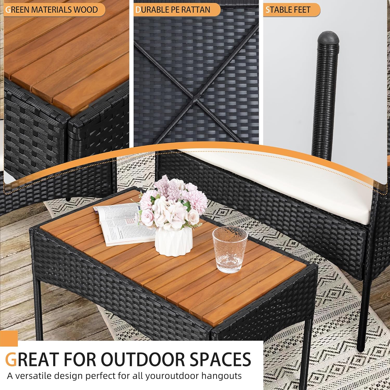 Shintenchi 4-Piece Patio Furniture Set, Outdoor Wicker Patio Conversation Furniture Set with Cushions and Wooden Tabletop for Paito Lawn Backyard, White Cushion