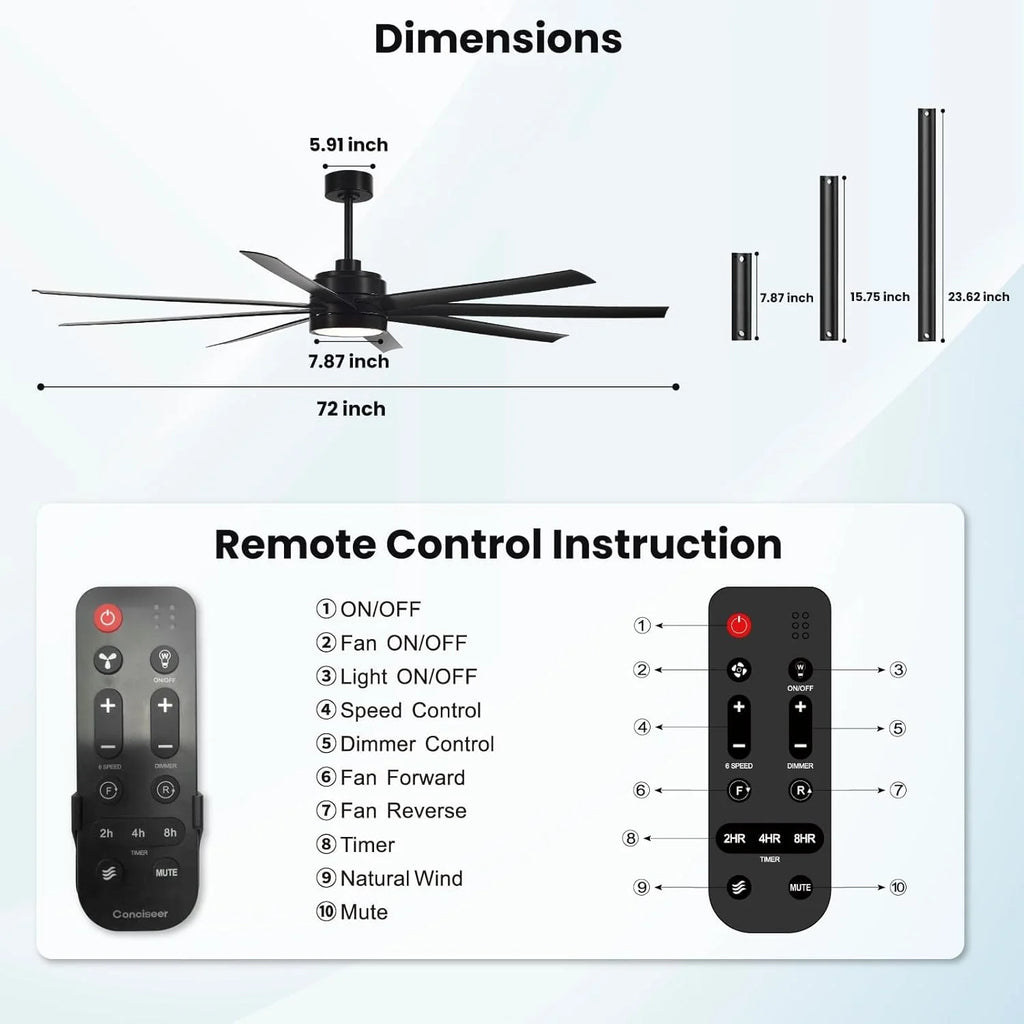 Modern Ceiling Fans with Lights, 72 Inch Ceiling Fan with Light and Remote, Bedroom Living Room Library Cafe Outdoor/Industrial,24W 3CCT Dimmable, 8 Blades 6 Speed Reversible Quiet DC Motor, Black