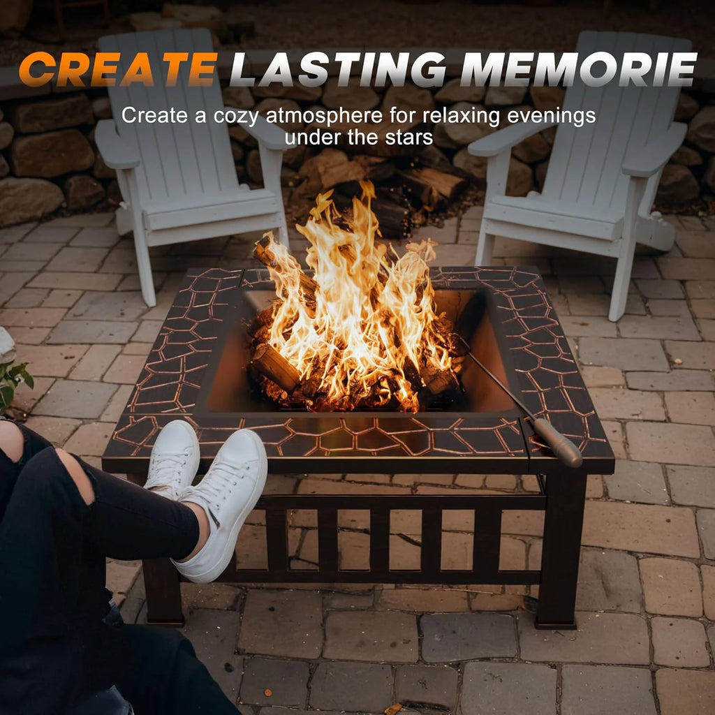 Devoko Outdoor Fire Pit, 32 Inch Firepit Table Metal Outdoor Fireplaces with Waterproof Cover for Outside Patio Camping