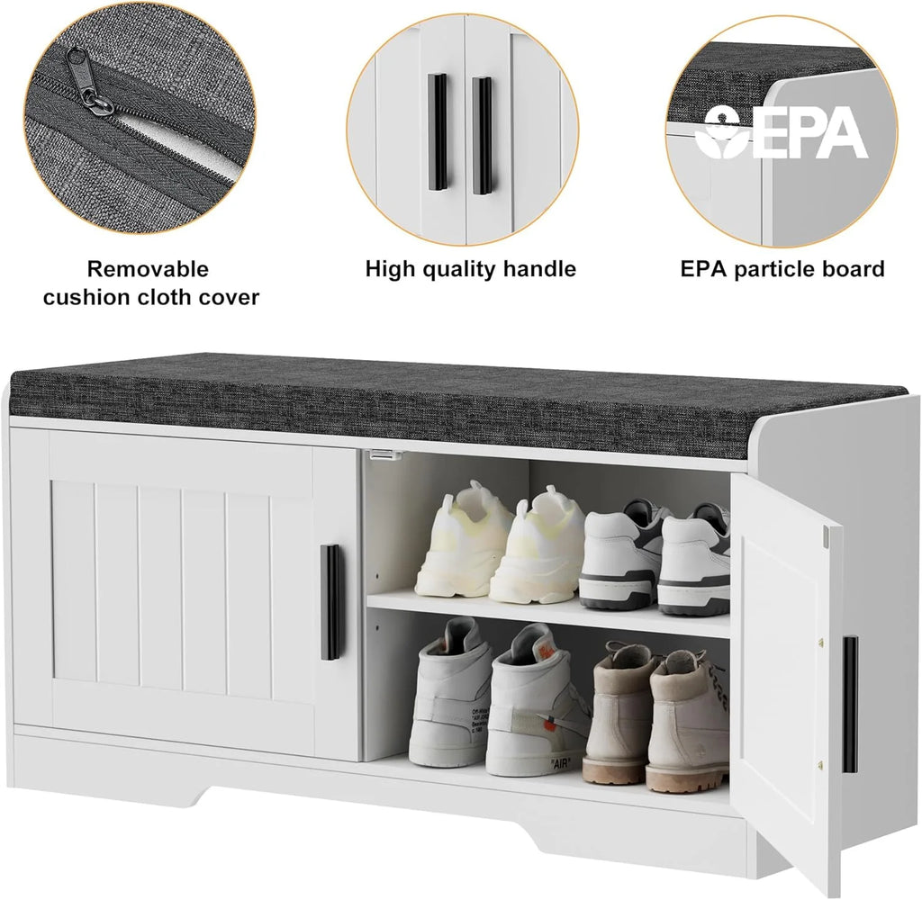 2-Tier Storage Bench, Shoe Bench with Thickened Padded Seat Cushion, Entryway Bench with 4 Doors, Adjustable Shelf
