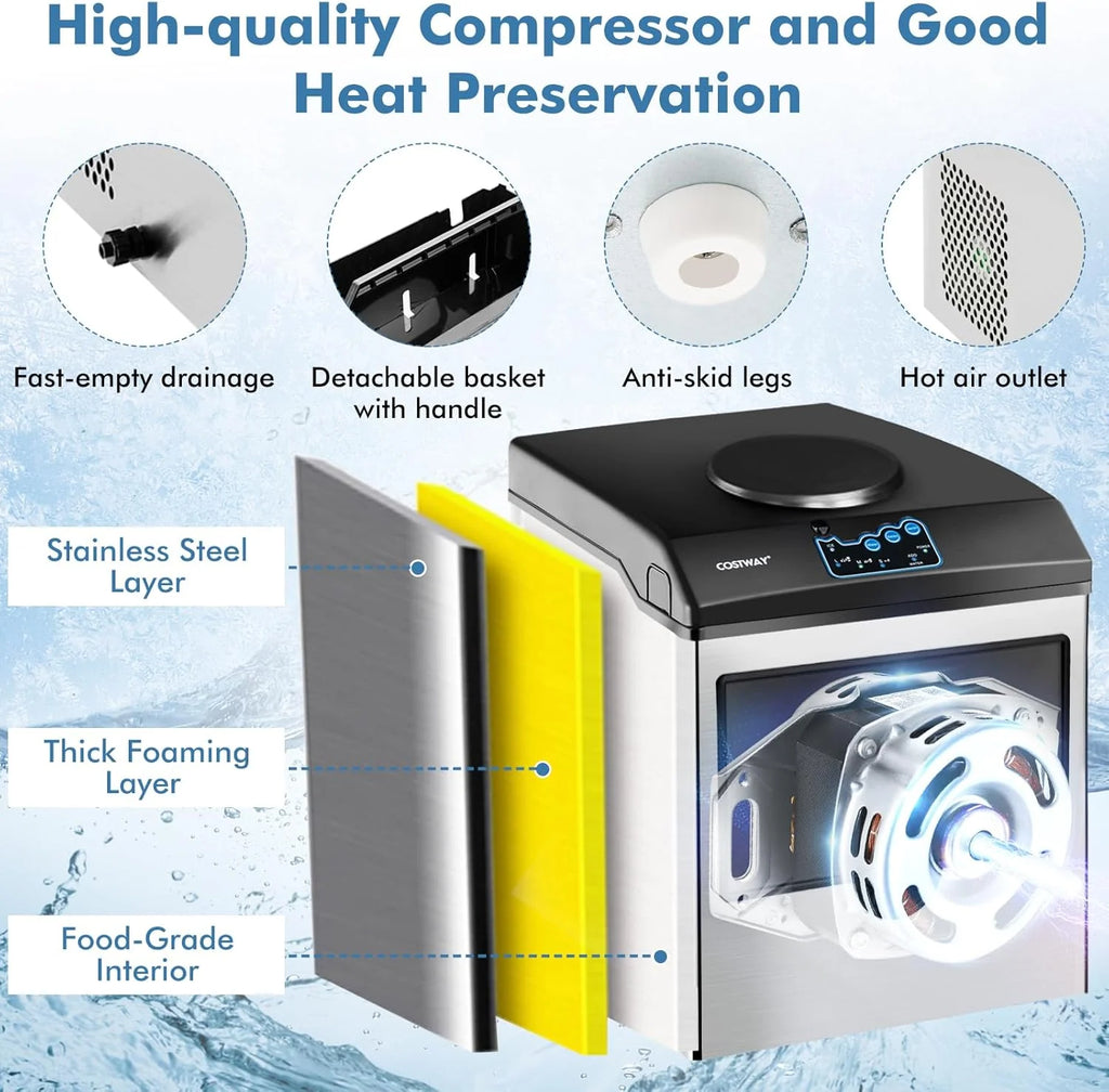 COSTWAY Countertop Ice Maker with Water Dispenser, 3 Sizes Bullet Shaped Ice, 48lbs/Day, Fast Ready in 6 Minutes, Ice Machine with Cold Water for Home Bar Kitchen Office