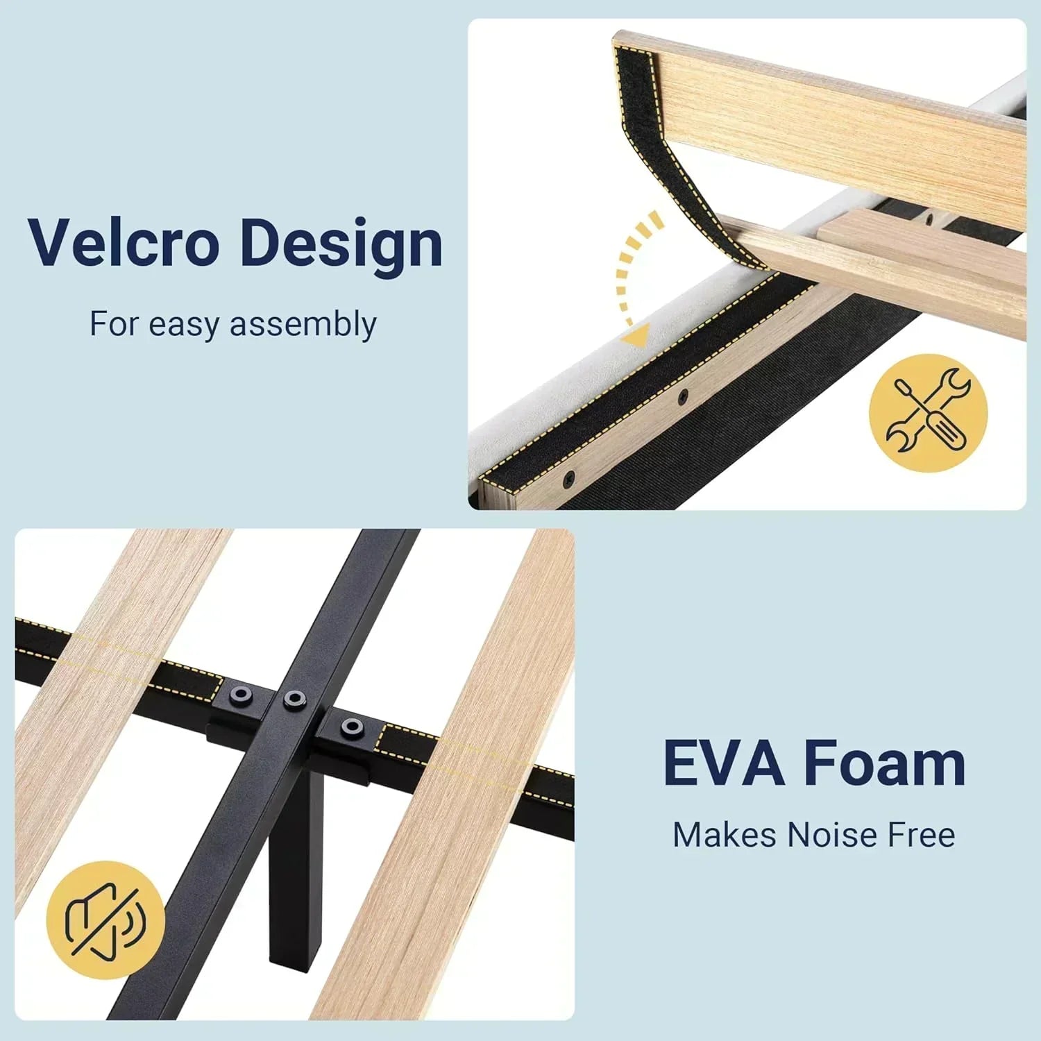 Allewie King size platform bed frame with velvet upholstered headboard and planks