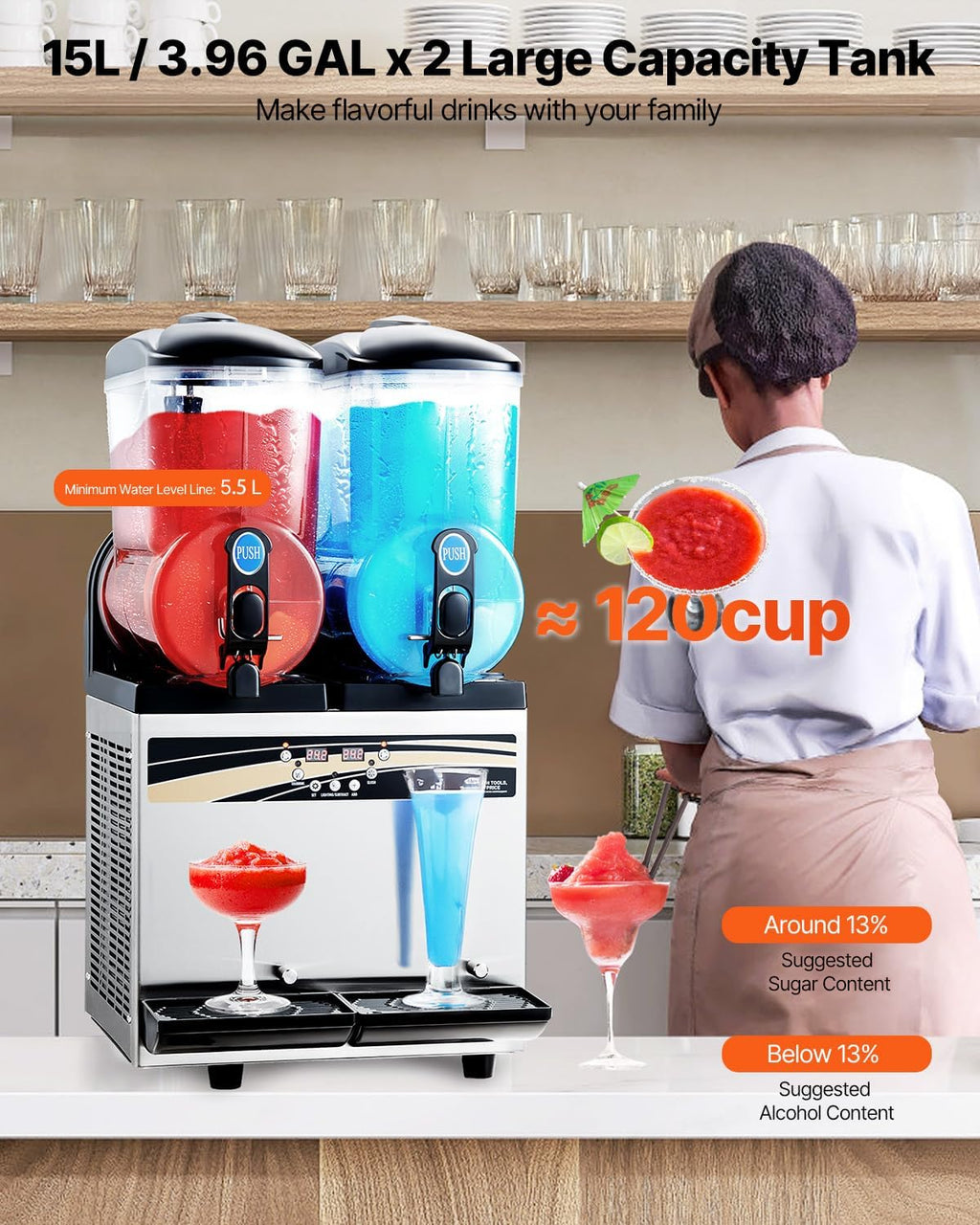 VEVOR Slushy Machine, 15Lx2 Double Tank Commercial Margarita Machine, 120 Cups Stainless Steel Margarita Smoothie Frozen Drink Machine, Slushie Machine for Home Party Restaurants Cafe Bars