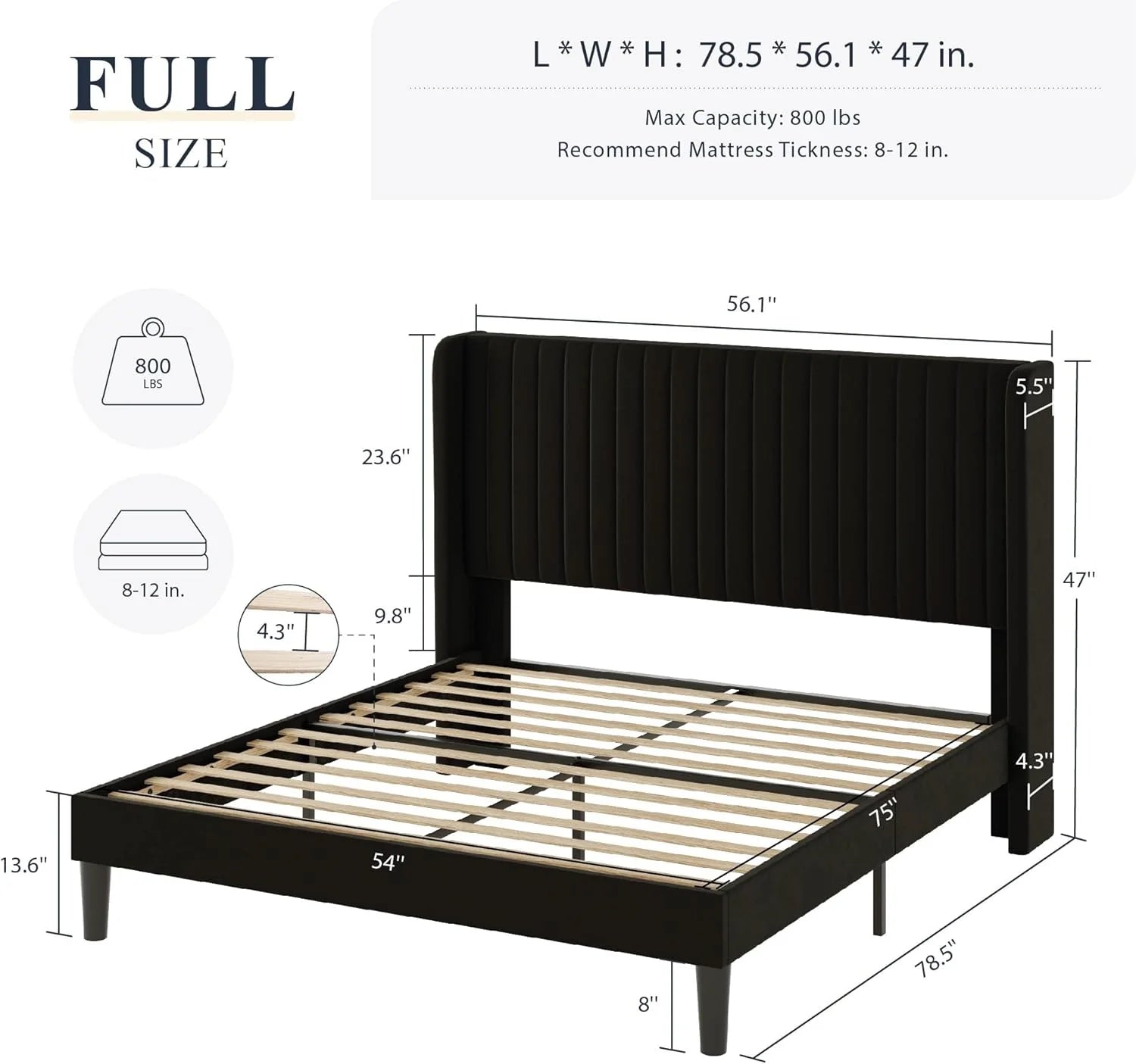 Allewie Full Size Velvet Bed Frame Vertical Channel Tufted Wingback Headboard Upholstered Bed