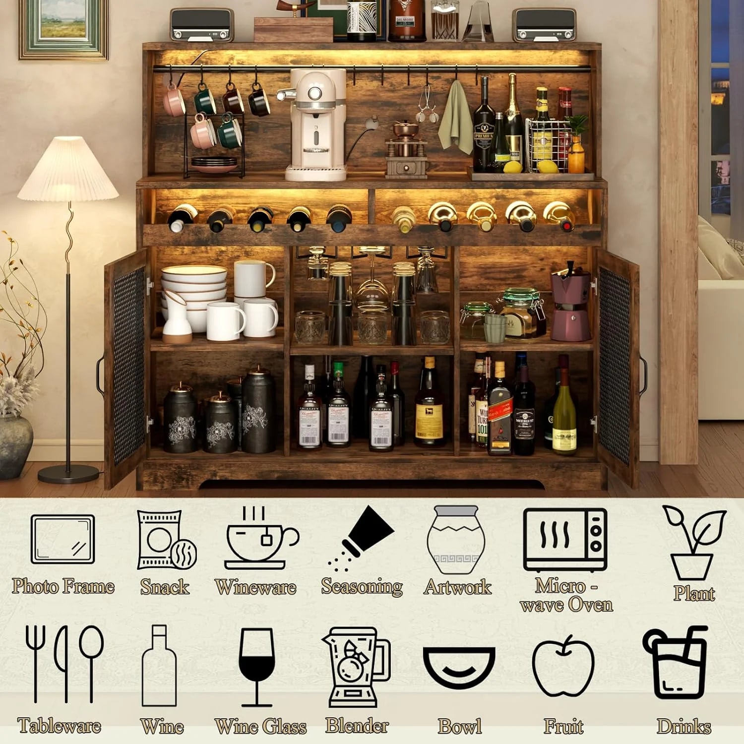 Wine Bar Cabinet with LED Light, Liquor Cabinet with Glass Holder, Coffee Bar for Liquor, Storage Buffet with Wine Racks, Wine Cabinet