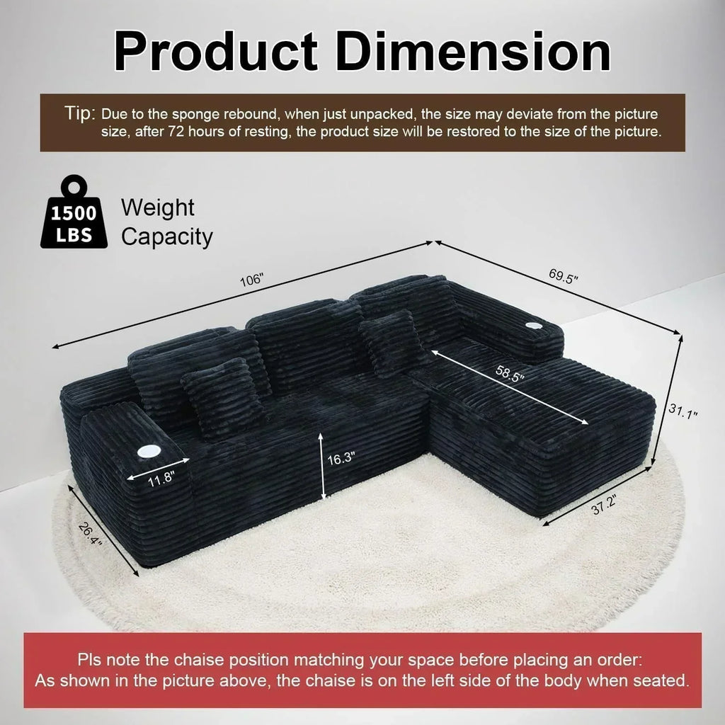 Cloud section sofa with L-shaped recliner modern modular sofa built-in cup holder