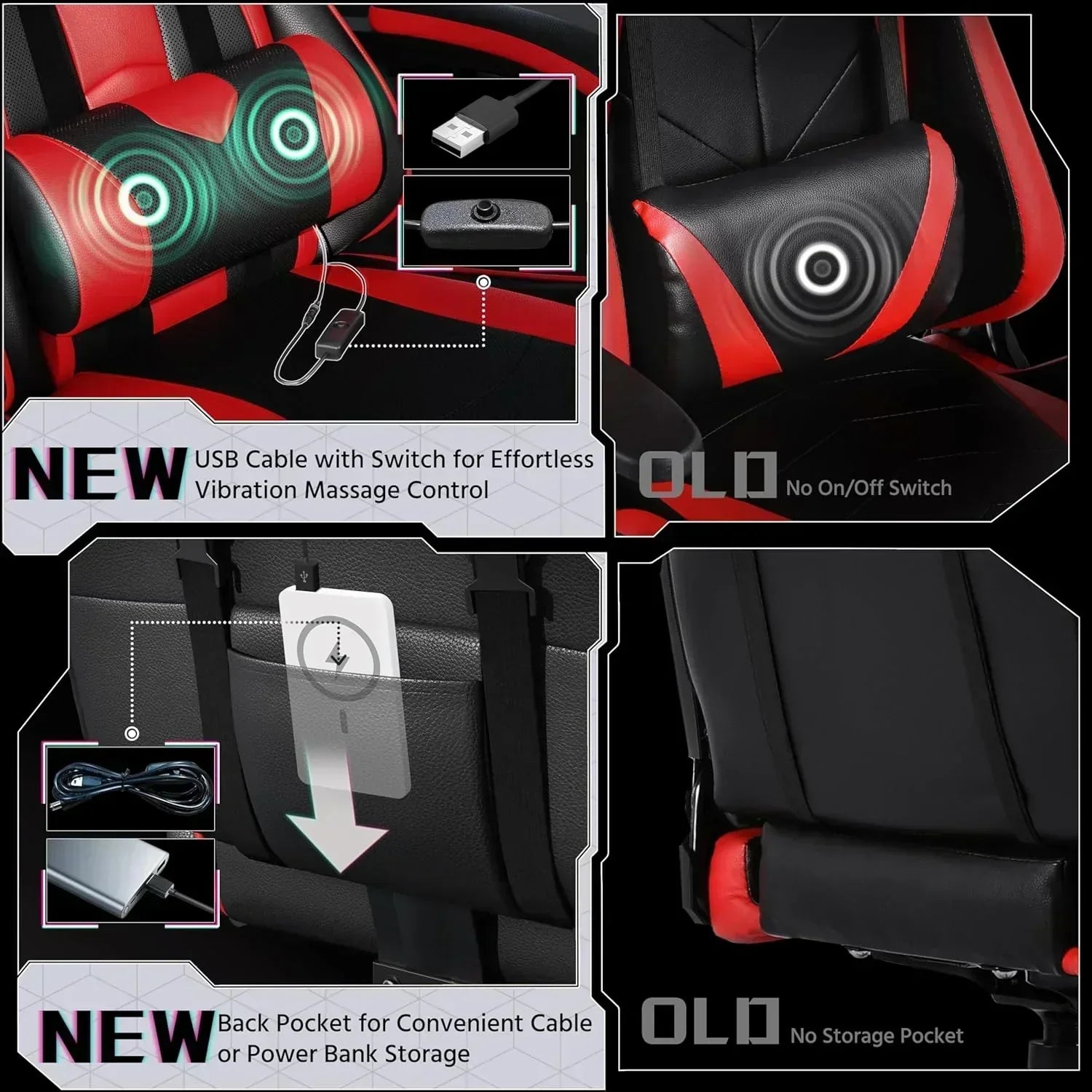 Gaming Chair with Massage Lumbar Support and Footrest Height Office Gaming Chair