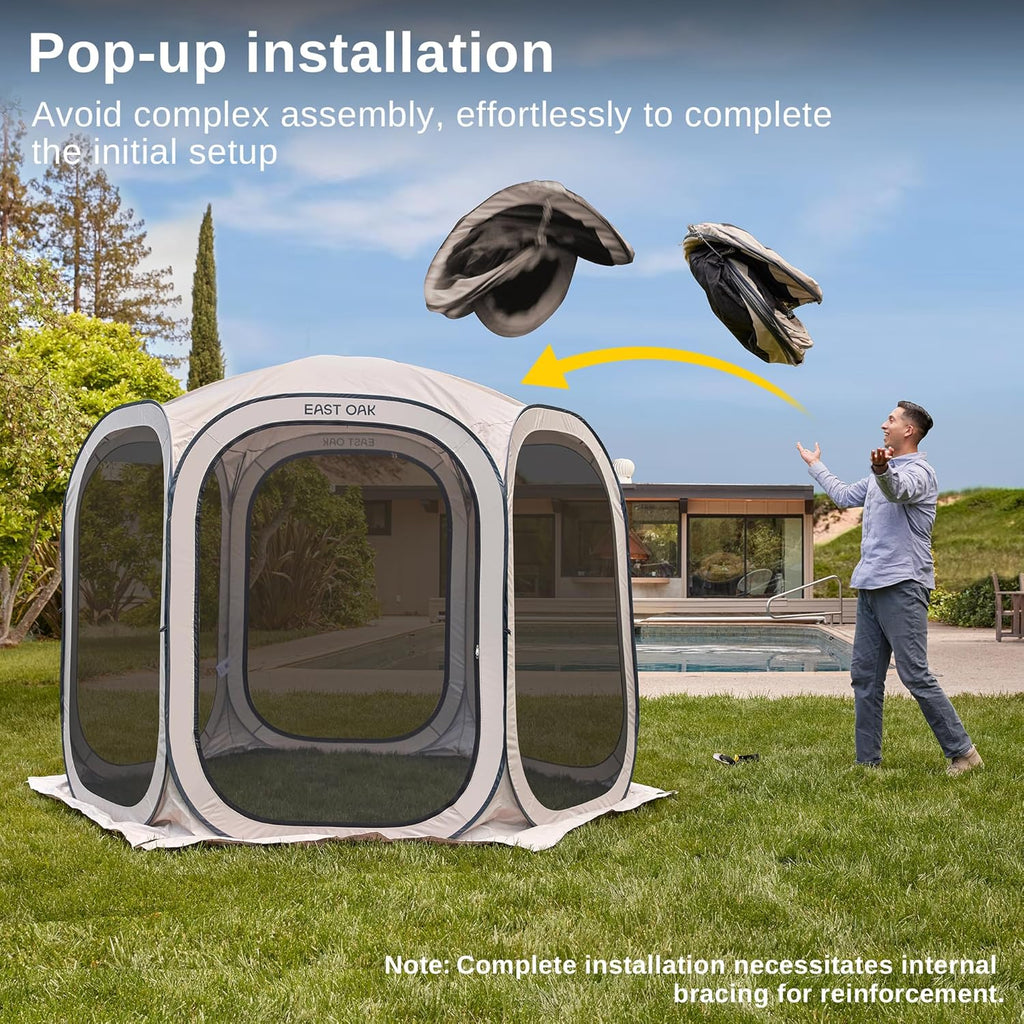 EAST OAK Screen House Tent Pop-Up, Portable Screen Room Canopy Instant Screen Tent 10 x 10 FT with Carry Bag for Patio, Backyard, Deck & Outdoor Activities, Beige