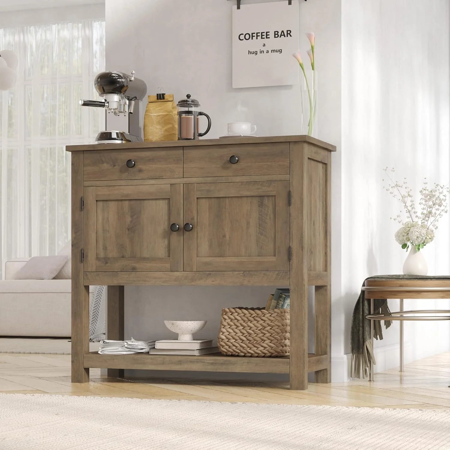 HOSTACK Farmhouse Console Table with 2-Door Cabinet & 2 Drawers, Coffee Bar, Entryway Table with Storage Shelf, Sofa Tables Buffet Sideboard for Kitchen, Hallway, Dining, Living Room, Rustic Brown
