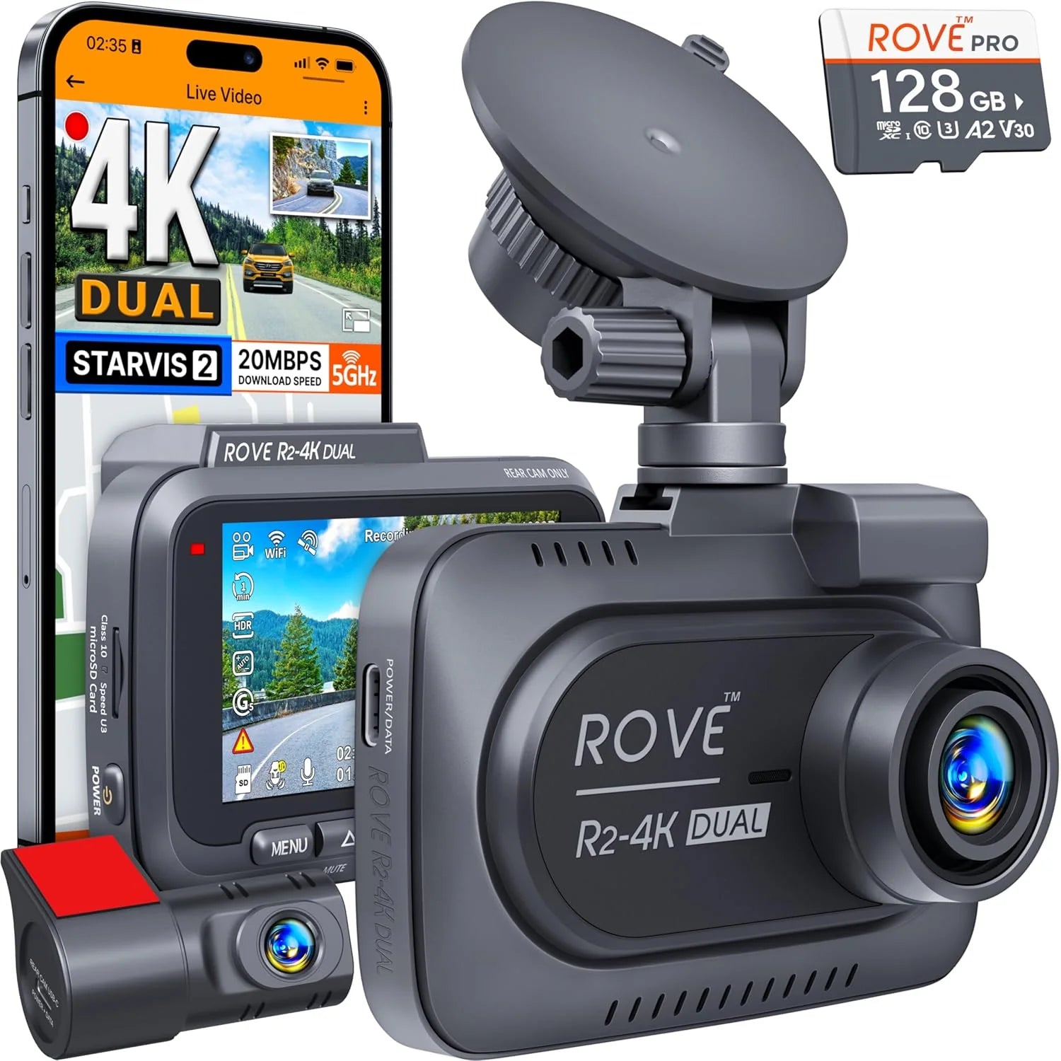 Driving recorder dual instrument cam front and rear, Starvis 2 sensor, free 128GB card, 5G WiFi - fastest download speed for up to 20mb/s App, 3-inch IPS, 24H parking mode