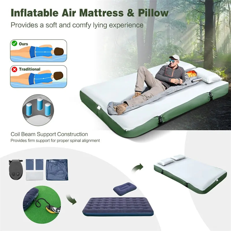 5-in-1 Tent Cot 2-Person Portable Outdoor Camping Tent Combo with Air Mattress Sleeping Bag & Sunshade