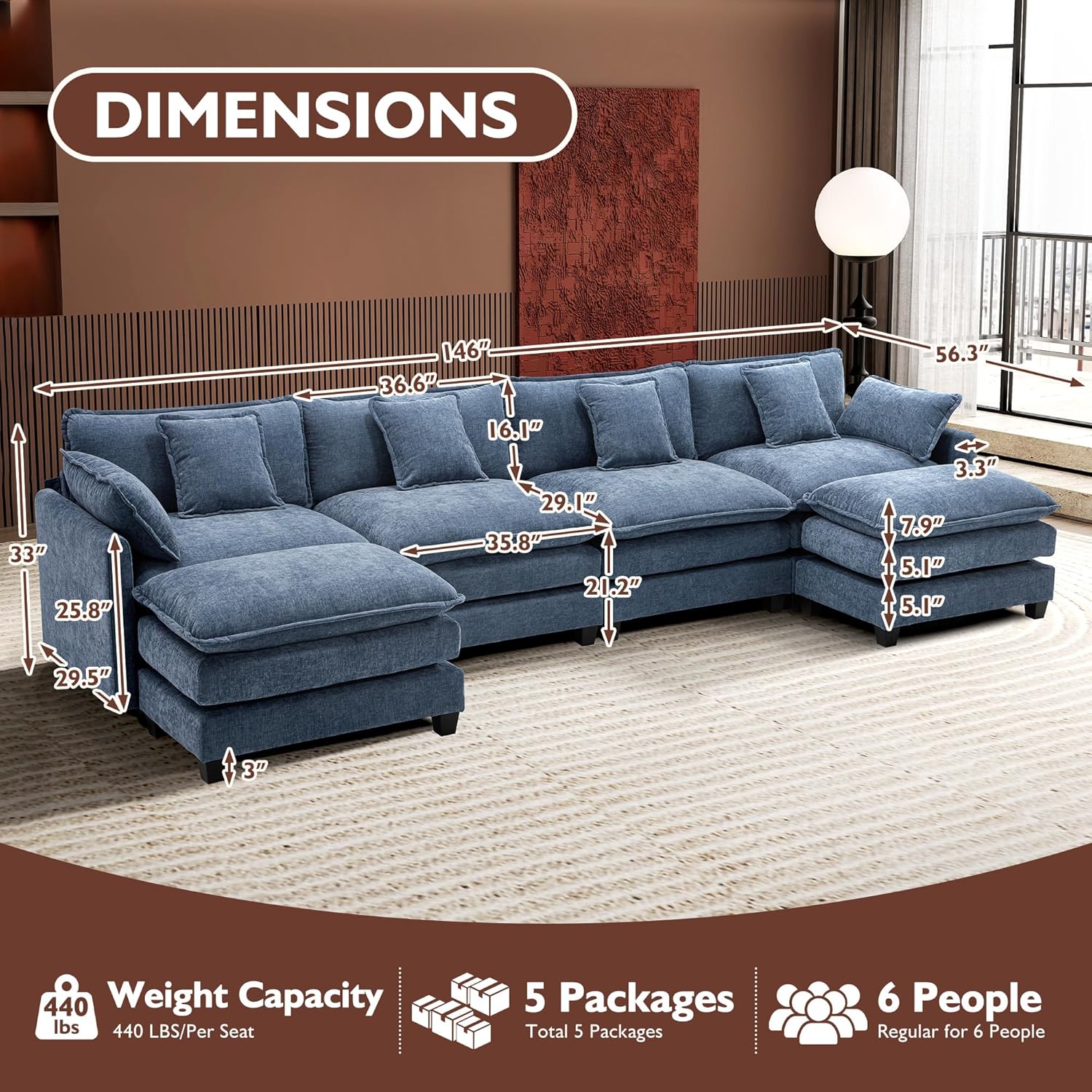 ihanherry 146-inch U-shaped modern sofa modular area cloud sofa