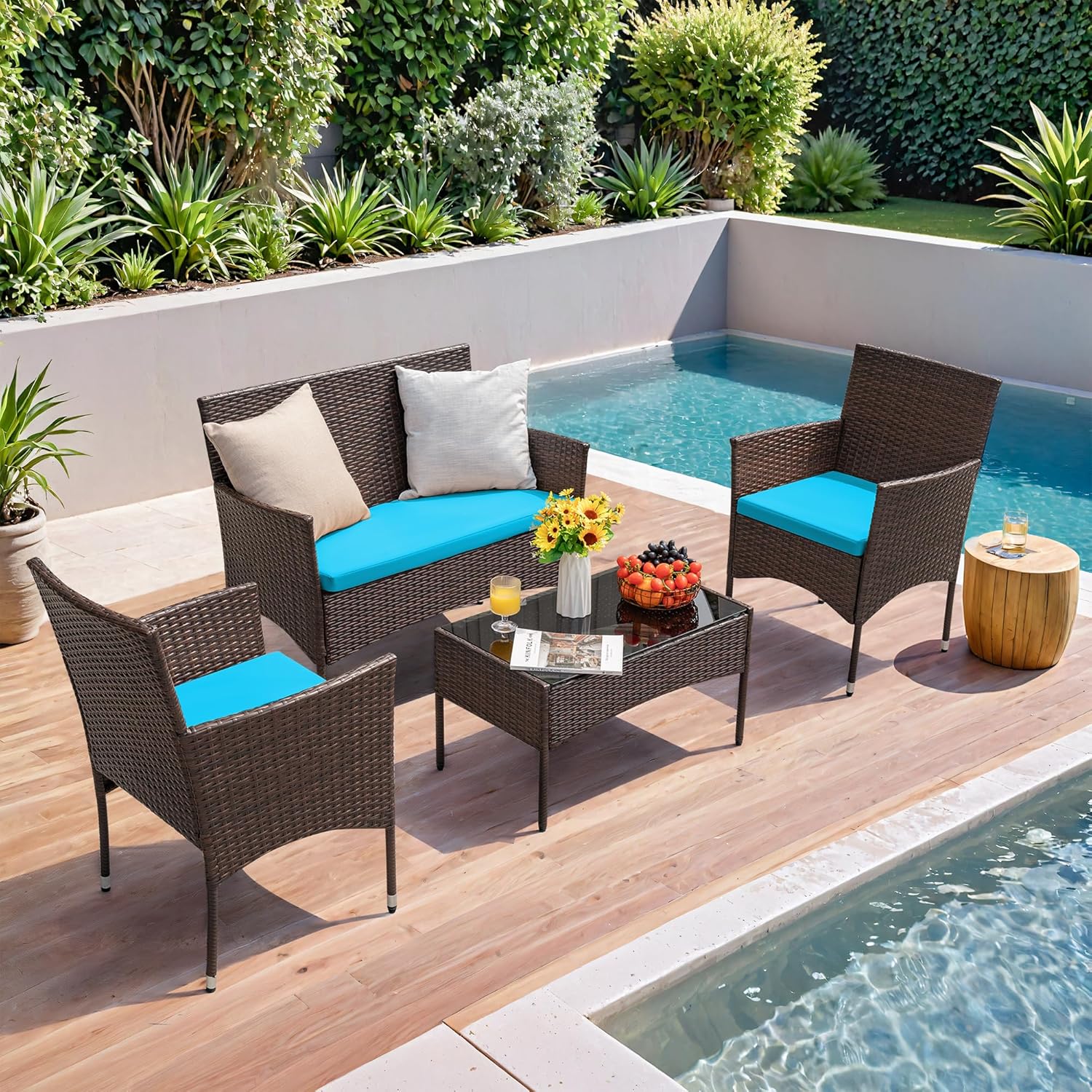 4 piece outdoor patio furniture set rattan chair wicker set