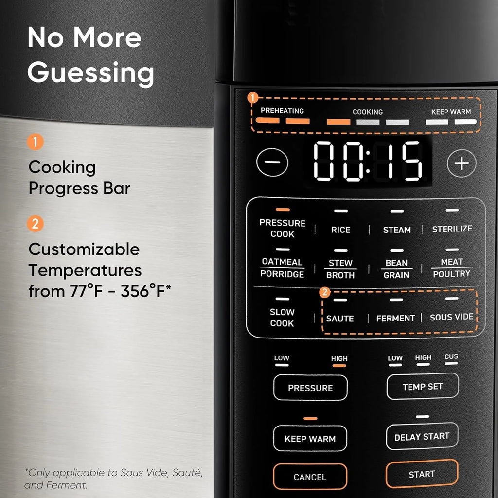 COSORI Pressure Cooker 6 qt, 9-in-1 Instant Multi Kitchen Appliances, Safer Venting Design, Rice Cooker, Slow Cooking Pot, Sous Vide, Saute Pot, 1100W, Stainless Steel