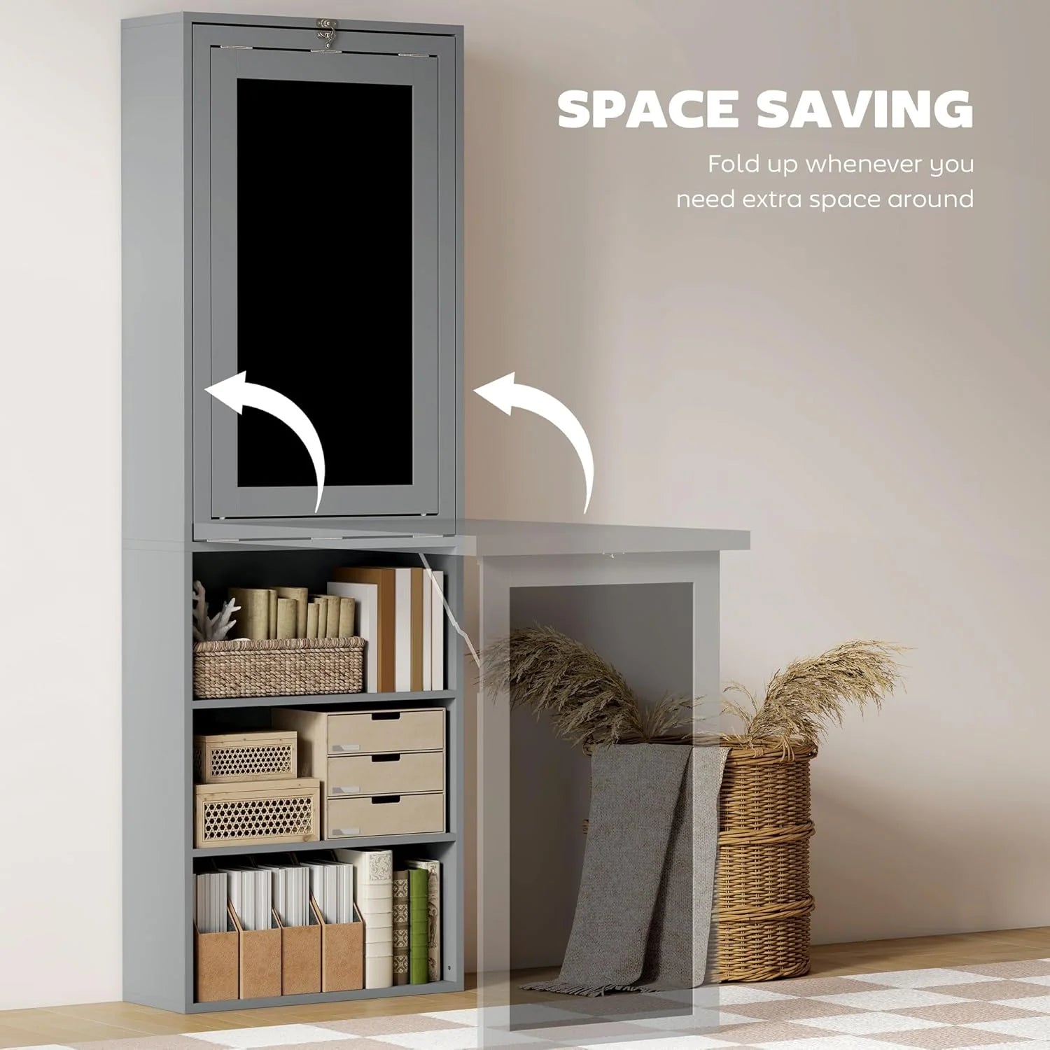 Folding convertible writing desk, wall mounted desk cabinet, multifunctional home office workstation